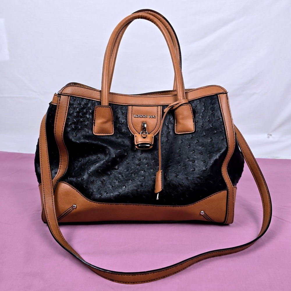 London Fog Black Ostrich Embossed Cognac Brown Satchel Handbag w/ Shoulder Strap